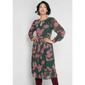 NWOT ModCloth Keen on Pleats Keyhole Floral Long Sleeve Midi Dress Emerald Green